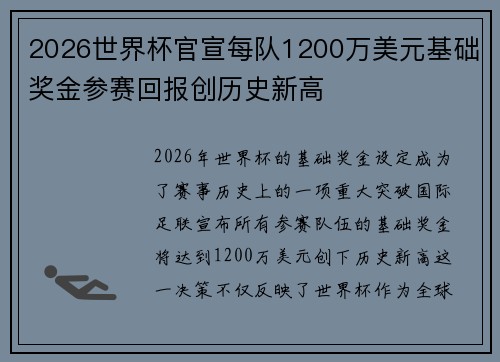 2026世界杯官宣每队1200万美元基础奖金参赛回报创历史新高 2026世界杯官宣每队1200万美元基础奖金参赛回报创历史新高