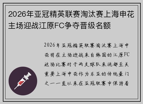 2026年亚冠精英联赛淘汰赛上海申花主场迎战江原FC争夺晋级名额 2026年亚冠精英联赛淘汰赛上海申花主场迎战江原FC争夺晋级名额